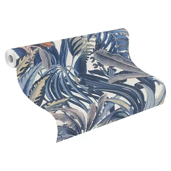 Rasch Symphony Vliestapete Blätter Dschungel - Dunkelblau, Floral, 10,05 x 0,53 m - Gerollte Tapete mit blauem und beigem Tropenblattmuster.