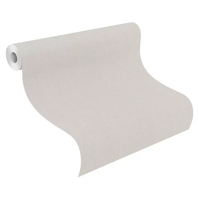 Rasch Color your life Vliestapete Struktur-Uni - Hellgrau, Uni, 10,05 x 0,53 m - Eine Rolle hellbeiger Tapete mit Leinenstruktur, die sich entfaltet.