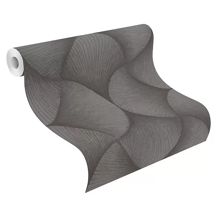 Rasch Sky Lounge Vliestapete Grafik groß - Graubraun, Grafisch, 10,05 x 0,53 m - Dunkelgraue Tapetenrolle mit abstraktem geometrischem Muster und strukturierten Wellenlinien.