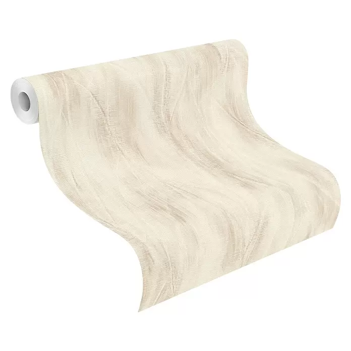 Rasch Country Charme Vliestapete Blätter Pastell - Dunkelbeige, Floral, 10,05 x 0,53 m - Rolle beiger Tapete mit wellenförmigem Muster, die sich abrollt.