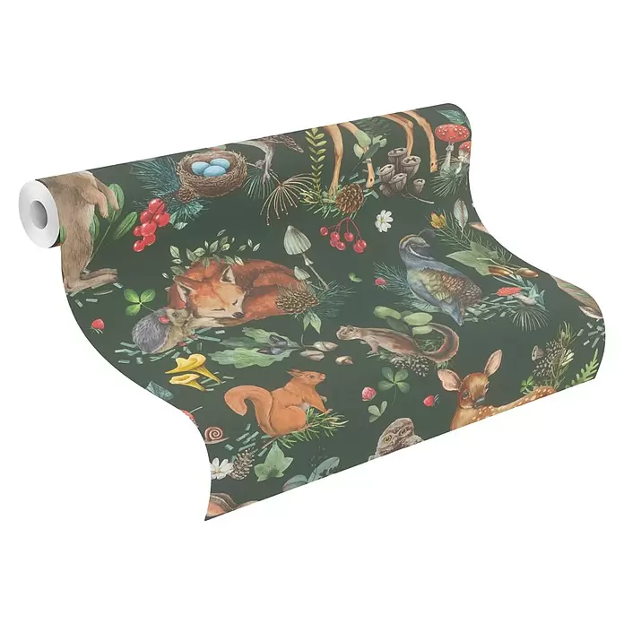 Rasch Kids World Vliestapete Tiere - Dunkelgrün, Tieroptik, 10,05 x 0,53 m - Rolle dunkelgrüner Tapete mit Waldtier-Muster: Füchse, Igel, Eichhörnchen, Vögel, Hirsche, Pilze und Beeren in Aquarelloptik.