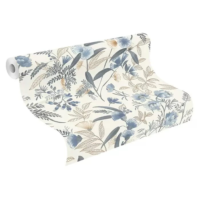 Rasch Symphony Vliestapete Blumen - Hellblau, Floral, 10,05 x 0,53 m - Tapetenrolle mit floralem Muster aus blauen, grauen und braun umrandeten Blättern und Blumen auf hellcremefarbenem Hintergrund.