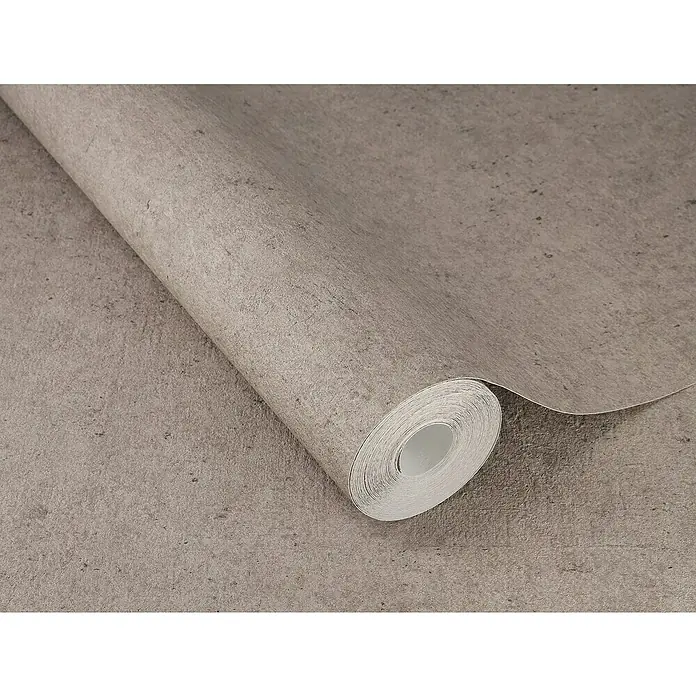Rasch Factory V Vliestapete Beton-Uni - Taupe dunkel, Uni, 10,05 x 0,53 m - Nahaufnahme einer Rolle Betonoptik-Tapete in Graubraun, die die Textur und das Design des Produkts hervorhebt, ideal für moderne Interieurs.