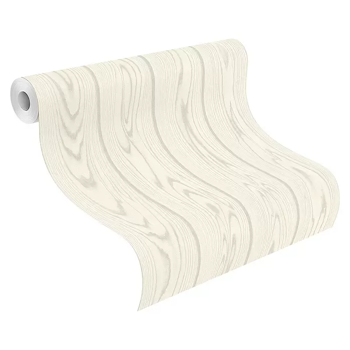 Rasch Factory V Vliestapete Holz - Cremeweiß, Holzoptik, 10,05 x 0,53 m - Rolle cremefarbener Tapete mit feiner Holzmaserung, die sich abrollt.