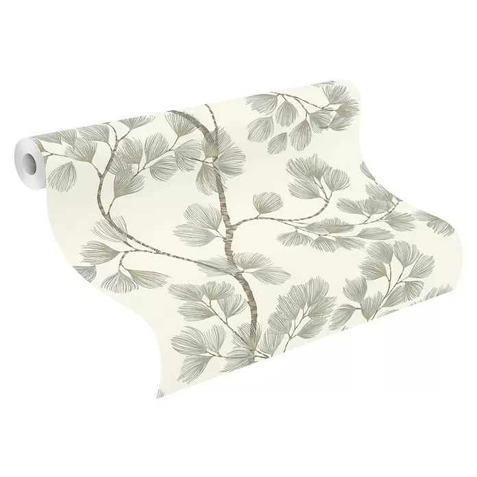 Rasch Symphony Vliestapete Blätter - Moosgrün, Floral, 10,05 x 0,53 m - Abgerollte Tapetenrolle, botanisches Muster aus Ästen und Blättern in Grün/Grau und Braun auf cremefarbenem Hintergrund.