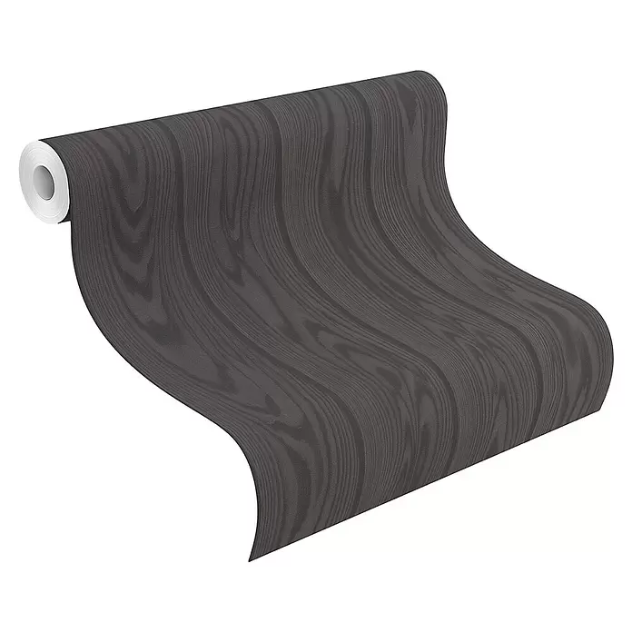 Rasch Factory V Vliestapete Holz - Anthrazit, Holzoptik, 10,05 x 0,53 m - Dunkelgraue Tapetenrolle mit Holzmaserung, diagonal abrollend.