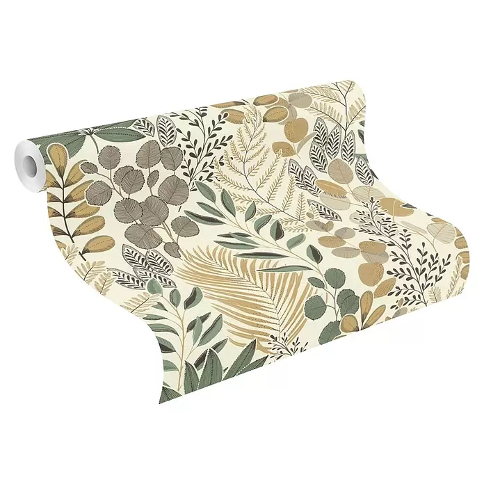 Rasch Symphony Vliestapete Pflanzen - Salbei, Floral, 10,05 x 0,53 m - Tapetenrolle mit botanischem Muster aus grünen, braunen und beigen Blättern auf hellem Cremegrund, teilweise abgerollt.