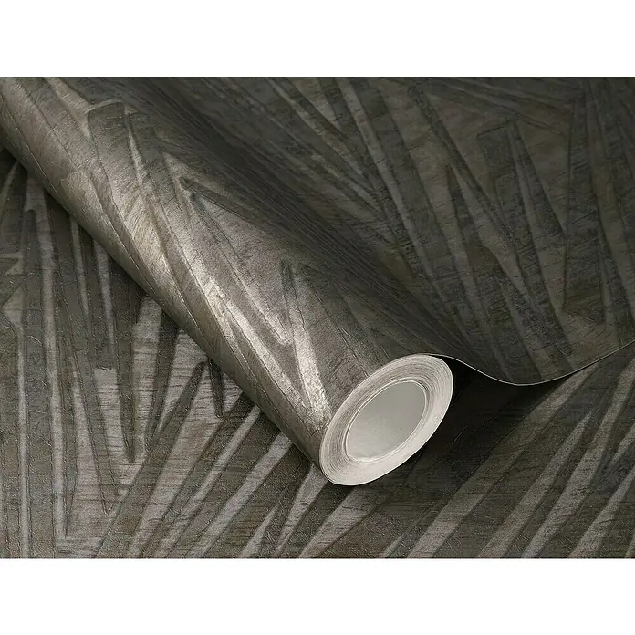 Rasch Sky Lounge Vliestapete Mikado - Dunkelgrau, Grafisch, 10,05 x 0,53 m - Detailaufnahme einer Rolle grauer Tapete mit einem abstrakten Palmblattmuster, ideal für moderne Innenräume.