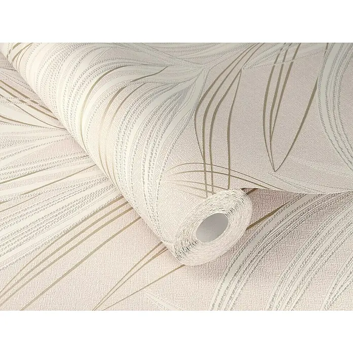 Rasch Welcome home Vliestapete Gräser - Rosé, Floral, 10,05 x 0,53 m - Nahaufnahme einer Rolle Vinyltapete mit einem stilvollen, sich wiederholenden Muster in neutralen Farbtönen, perfekt für die Inneneinrichtung.