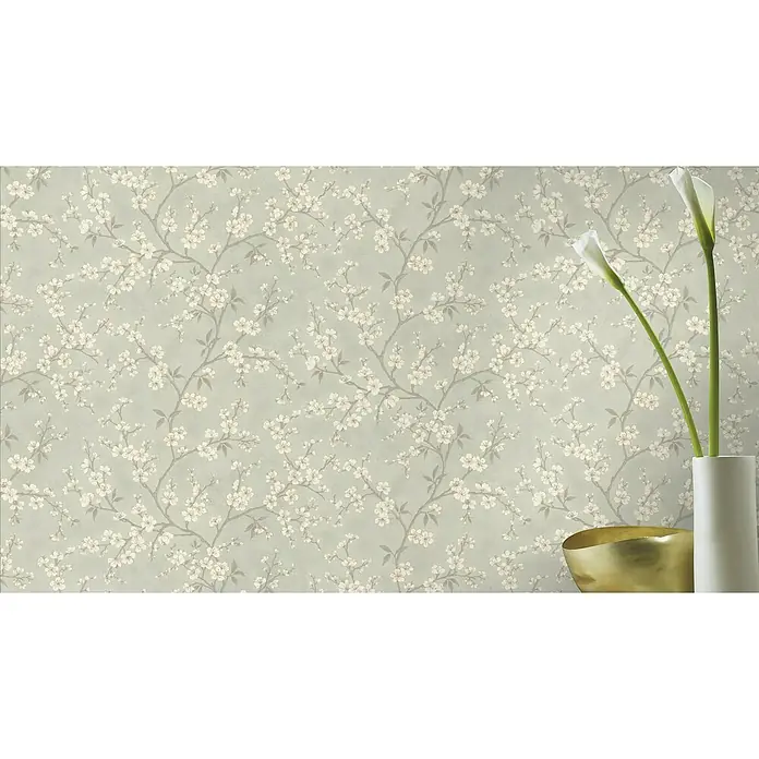 Rasch Country Charme Vliestapete Kirschblüten - Graugrün, Floral, 10,05 x 0,53 m - Elegante Tapete mit Blütenmuster, ideal für eine stilvolle Raumgestaltung. Die zarten Farben und das feine Design bringen eine beruhigende Atmosphäre.