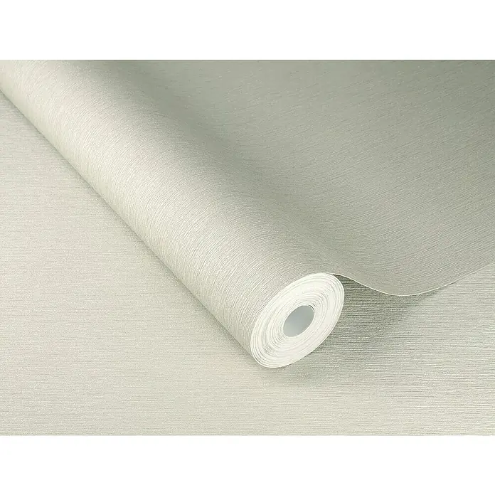 Rasch Sky Lounge Vliestapete Metallic-Uni - Beigegrau, Uni, 10,05 x 0,53 m - Nahaufnahme einer Rolle strukturierten, hellgrauen Tapete, die ihre feine, horizontale Maserung und Textur hervorhebt.