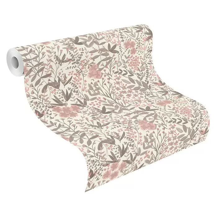 Rasch Country Charme Vliestapete Blätterranken - Hellrosa, Floral, 10,05 x 0,53 m - Tapetenrolle mit zartem rosa-braunem Blumenmuster.