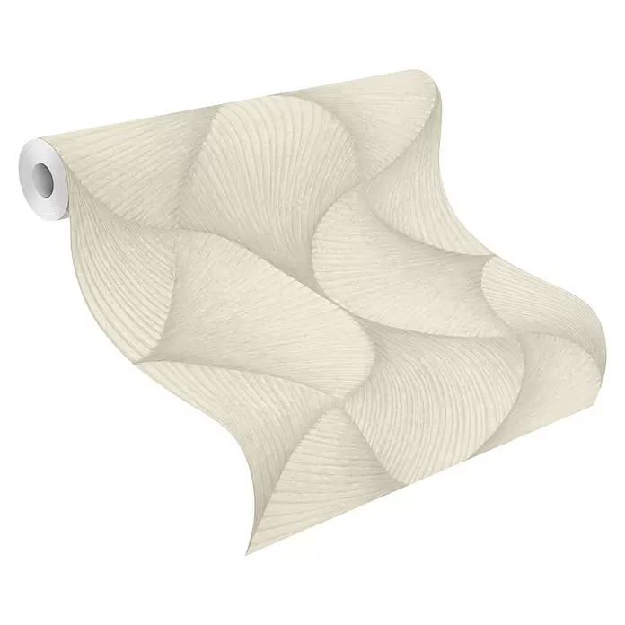 Rasch Sky Lounge Vliestapete Grafik groß - Taupe, Grafisch, 10,05 x 0,53 m - Helle, strukturierte, beigefarbene Tapetenrolle mit geometrischem Wellenmuster, teilweise abgerollt.