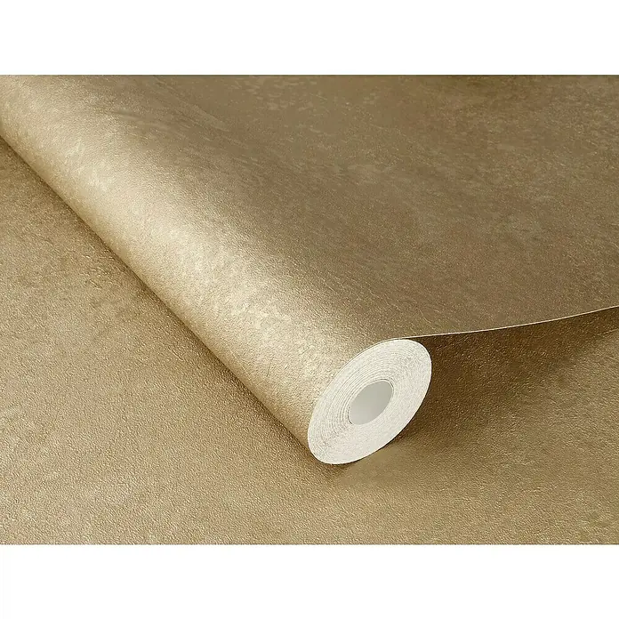 Rasch Factory V Vliestapete Metalloptik - Gold, Uni, 10,05 x 0,53 m - Nahaufnahme einer Rolle goldener Tapete mit subtiler Textur, die eine elegante und hochwertige Wandgestaltung verspricht.