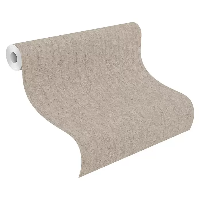 Rasch Factory V Vliestapete Betonoptik-Uni - Taupe, Steinoptik, 10,05 x 0,53 m - Beige strukturierte Tapetenrolle entrollt, zeigt ein subtiles, rustikales Muster.