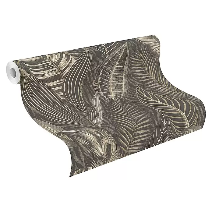 Rasch African Queen III Vliestapete Blätter - Mattschwarz, Floral, 10,05 x 0,53 m - Dunkelgraue Tapetenrolle mit goldenem und beigem Tropenblattmuster.