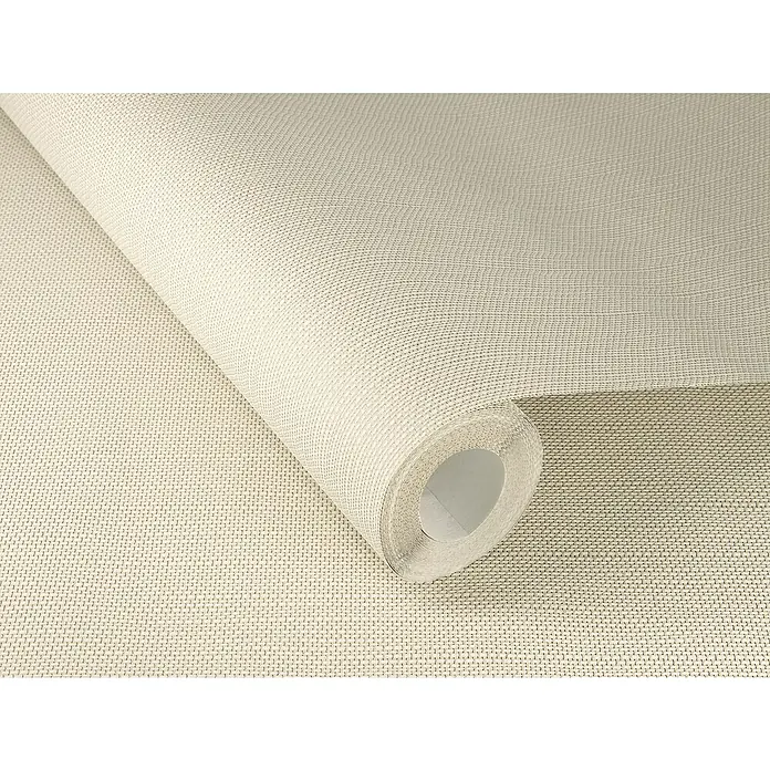 Rasch Wall Textures VI Vliestapete Textil-Uni - Dunkelbeige, Uni, 10,05 x 0,53 m - Nahaufnahme einer Rolle heller Textiltapete mit feiner Webstruktur, ideal für eine stilvolle Wandgestaltung im Innenbereich.