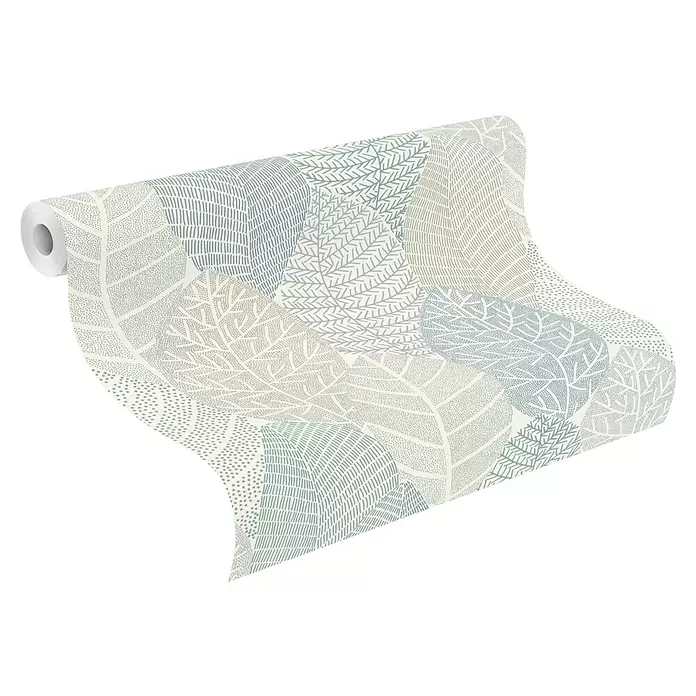 Rasch Symphony Vliestapete Blätter-Allover - Pastelles Hellblau, Floral, 10,05 x 0,53 m - Teilweise abgerollte Tapetenrolle mit modernem Blättermuster in gedeckten Blau-, Grün- und Grautönen.