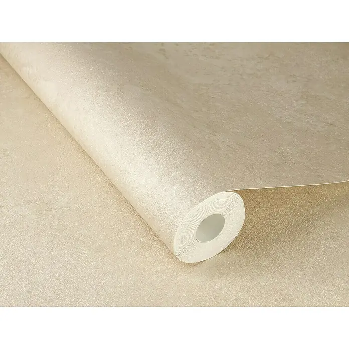 Rasch Factory V Vliestapete Metalloptik - Warmbeige, Uni, 10,05 x 0,53 m - Nahaufnahme einer Rolle edler, beiger Tapete mit subtiler Textur, ideal für stilvolle Wandgestaltungen und moderne Raumakzente.