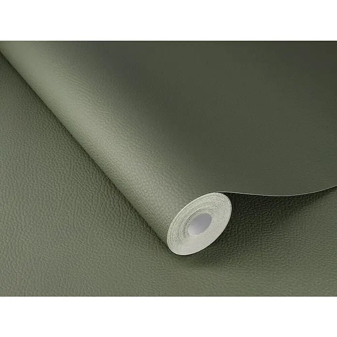 Rasch African Queen III Vliestapete Lederoptik - Olivgrün, Uni, 10,05 x 0,53 m - Nahaufnahme einer Rolle olivgrüner Lederimitat-Tapete, die ihre Textur und Farbe hervorhebt und sich ideal für Innenarchitektur eignet.