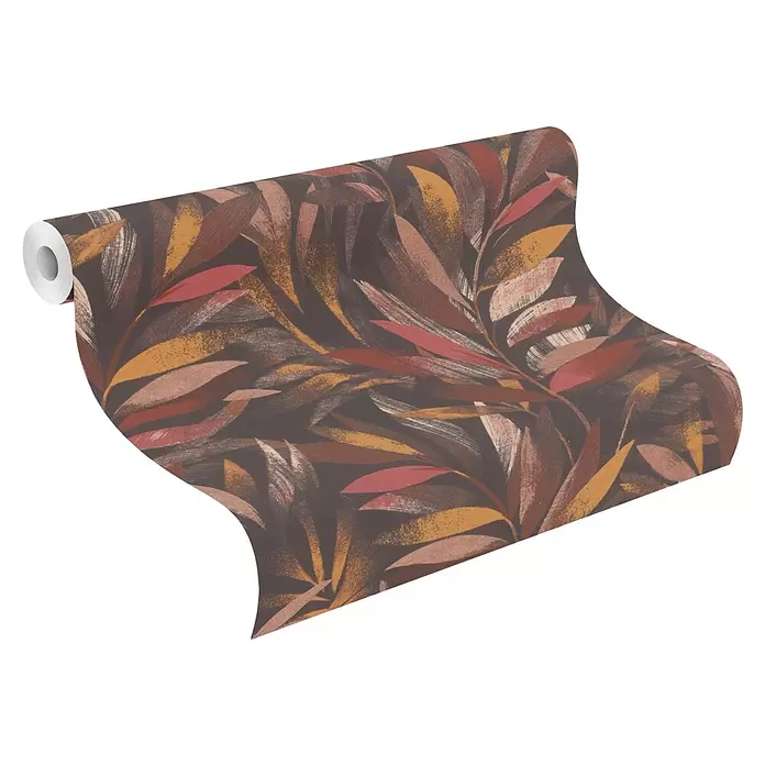 Rasch Symphony Vliestapete Blätter - Dunkelrot, Floral, 10,05 x 0,53 m - Tapetenrolle mit Blattmuster in Braun-, Rot- und Orangetönen.