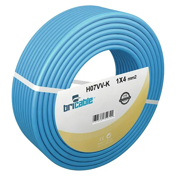 Bricable Cable unipolar neutro - H07V-K, Número de cables: 1, 25 m, Azul, 4 mm² - Cable eléctrico azul Bricable H07VV-K 1X4 mm² enrollado con etiqueta del producto.