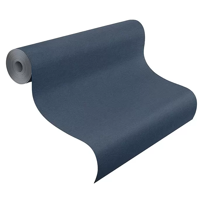 Rasch Country Charme Vliestapete Textil-Uni - Blau, Uni, 10,05 x 0,53 m - Dunkelblaue, strukturierte Tapetenrolle, teilweise abgerollt.