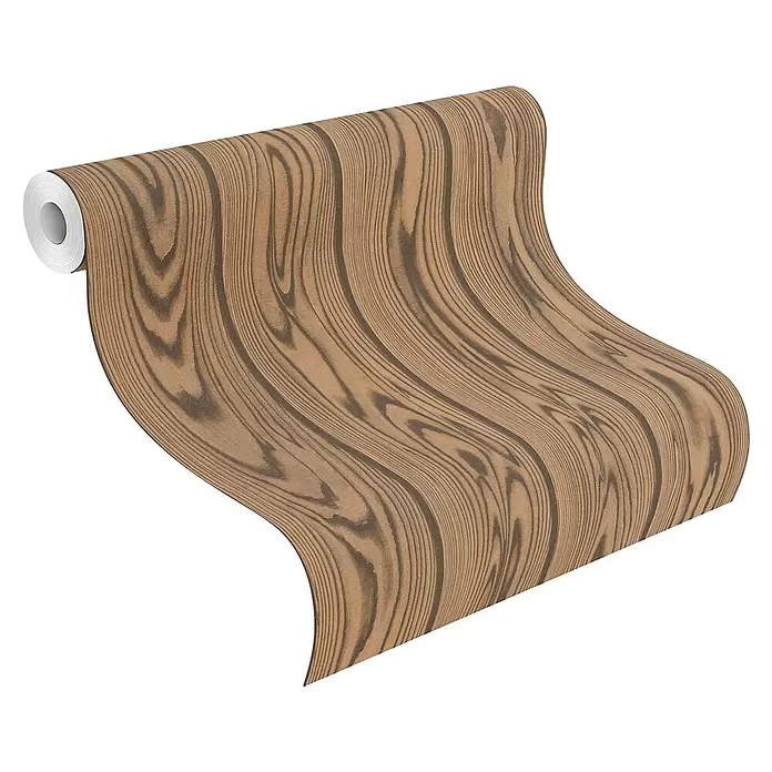 Rasch Factory V Vliestapete Holz - Eiche, Holzoptik, 10,05 x 0,53 m - Tapetenrolle mit braunem Holzmaserungsmuster, teilweise abgerollt.