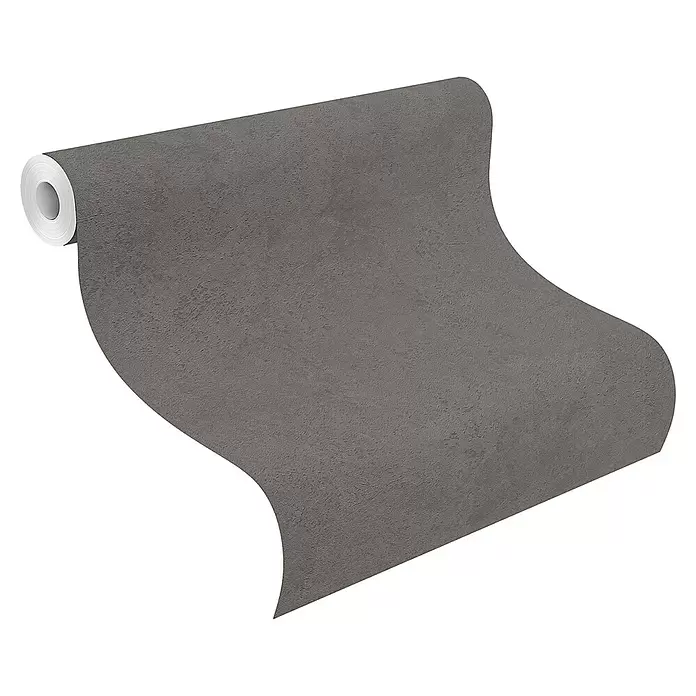 Rasch Factory V Vliestapete Metalloptik - Dunkelbraun, Uni, 10,05 x 0,53 m - Dunkelgraue strukturierte Tapetenrolle, teilweise abgerollt, zeigt ihre raue Oberfläche.