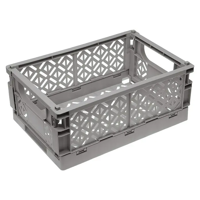 Versa Cesta plegable Grande - L x An x Al: 14 x 35 x 23,5 cm, Gris - Caja plegable gris con asas y patrón geométrico, ideal para almacenamiento y transporte. Práctica y ahorra espacio.