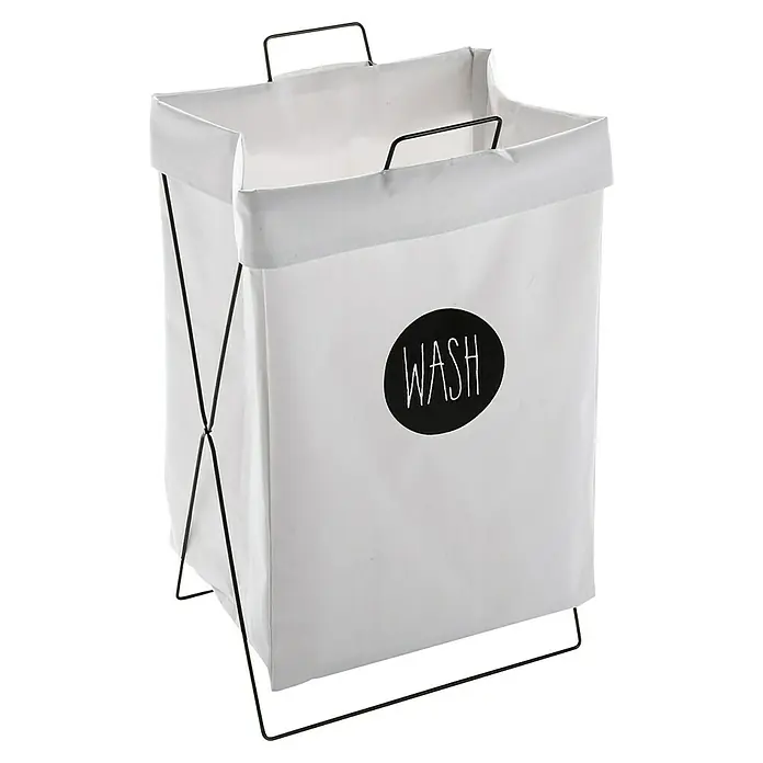 Versa Cesta para la ropa Minimal - L x An x Al: 28 x 36 x 58 cm, Blanco - Cesto de ropa de tela blanca con estampado negro "WASH" y estructura metálica. Práctico y elegante para cualquier baño o lavadero.