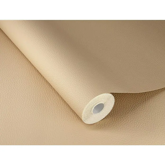 Rasch African Queen III Vliestapete Lederoptik - Mittelbeige, Uni, 10,05 x 0,53 m - Nahaufnahme einer Rolle beiger Vinyltapete mit Ledereffekt, die Textur und Farbe des Produkts hervorhebt.