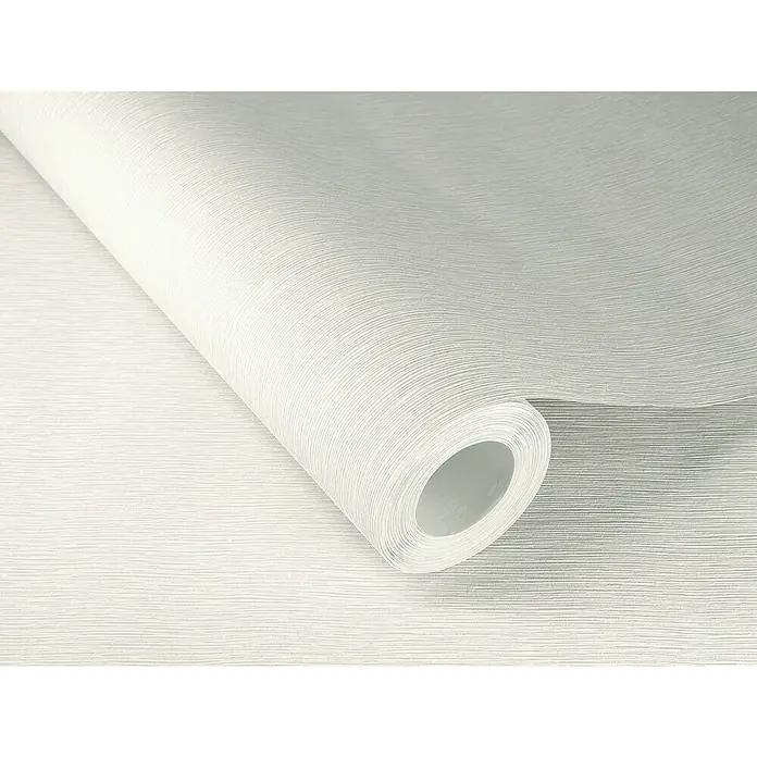 Rasch Color your life Vliestapete Längsuni - Hellgrau, Uni, 10,05 x 0,53 m - Nahaufnahme einer Rolle weißer Tapete mit horizontaler Textur, ideal für die Gestaltung moderner Innenräume und zur Wanddekoration.