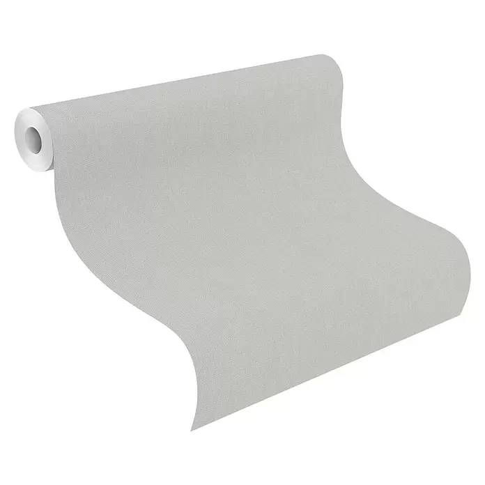 Rasch Color your life Vliestapete Struktur-Uni - Silbergrau, Uni, 10,05 x 0,53 m - Eine Rolle hellgraue Tapete mit subtiler Textilstruktur, teilweise abgerollt.