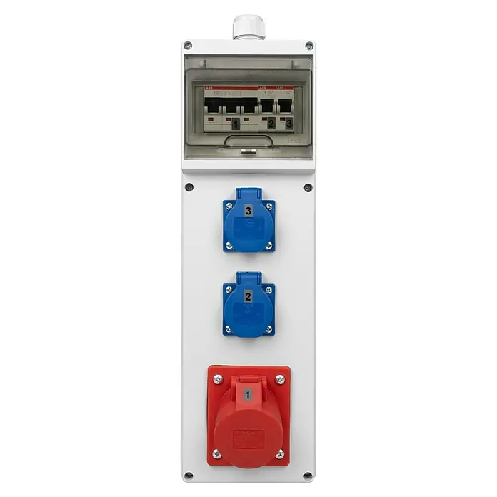 Baustromverteiler Wandverteiler - Anzahl CEE-Steckdosen: 1 Stk., Anzahl Steckdosen Schuko: 2 Stk., IP54 - Ein elektrischer Verteilerkasten mit drei Steckdosen unterschiedlicher Farben und einem Sicherungskasten oben.