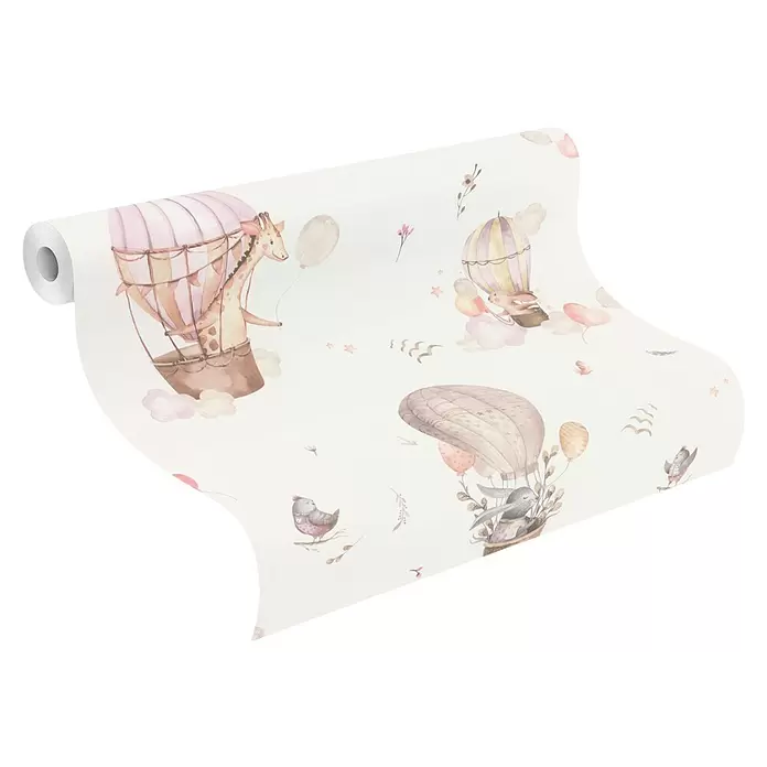 Rasch Kids World Vliestapete Ballon - Hellbeige, Tieroptik, 10,05 x 0,53 m - Tapetenrolle mit Aquarell-Heißluftballons, Tieren (Giraffe, Hase), Wolken und Sternen in Pastellfarben.