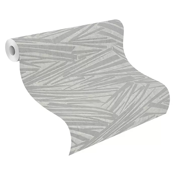 Rasch Sky Lounge Vliestapete Mikado - Silbergrau, Grafisch, 10,05 x 0,53 m - Graue Tapetenrolle mit abstraktem geometrischem Muster, teilweise abgerollt.