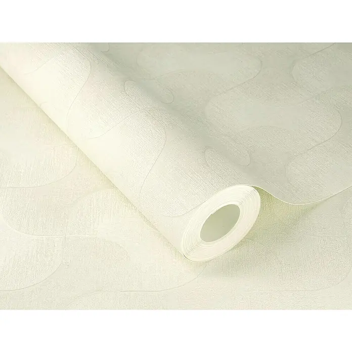 Rasch Sky Lounge Vliestapete Graphik - Perlmutt, Grafisch, 10,05 x 0,53 m - Nahaufnahme einer Rolle mit weißer Tapete mit einem erhabenen, geschwungenen Muster, ideal für eine elegante Wandgestaltung.