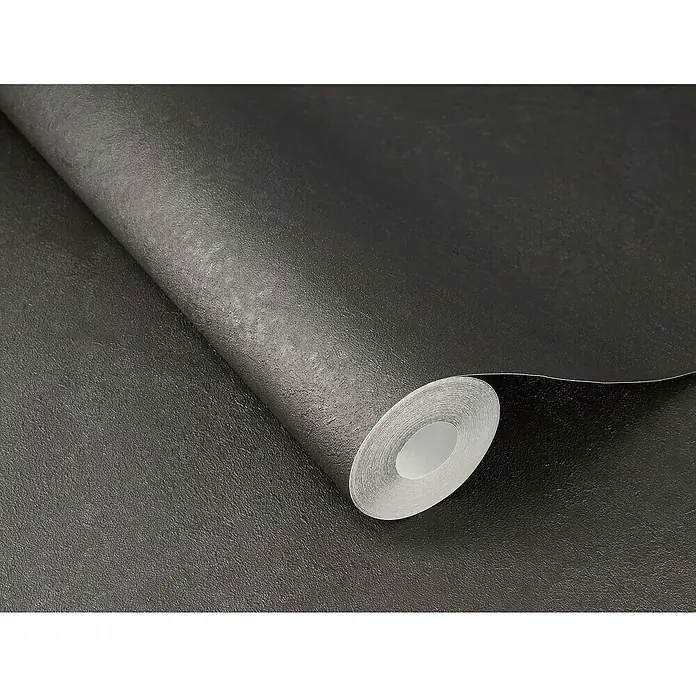 Rasch Factory V Vliestapete Metalloptik - Dunkelbraun, Uni, 10,05 x 0,53 m - Nahaufnahme einer Rolle schwarzer Vinyltapete mit einer subtilen Textur, die sich ideal für moderne Innenräume eignet.