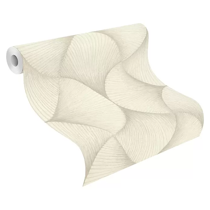 Rasch Sky Lounge Vliestapete Grafik groß - Perlmutt, Grafisch, 10,05 x 0,53 m - Helle beige Tapetenrolle entrollt sich, enthüllt ein dezentes, welliges, strukturiertes Geometriemuster.
