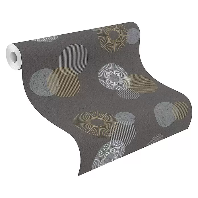 Rasch Color your life Vliestapete Kreise - Anthrazit, Grafisch, 10,05 x 0,53 m - Dunkelgraue Tapetenrolle mit abstrakten Kreisen in Grau, Weiß und Goldbraun, teils voll, teils mit Linien oder Sonnenmuster.