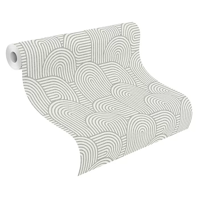 Rasch Color your life Vliestapete Retro - Graubeige, Grafisch, 10,05 x 0,53 m - Ein teilweise abgerolltes Tapetenmuster mit einem grau-weißen geometrischen Bogenmuster.