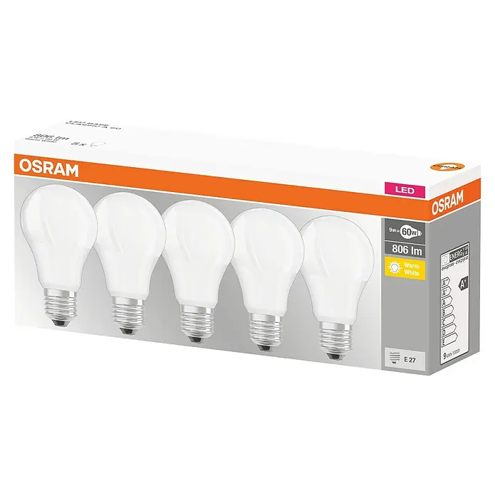 Osram LED-Lampen Set Glühlampenform E27 matt - E27, Nicht Dimmbar, Warmweiß, 806 lm, 9 W, 5 Stk. - Eine Packung OSRAM LED-Glühbirnen, 9W Leistung, entspricht 60W, mit warmweißem Licht und E27 Sockel.