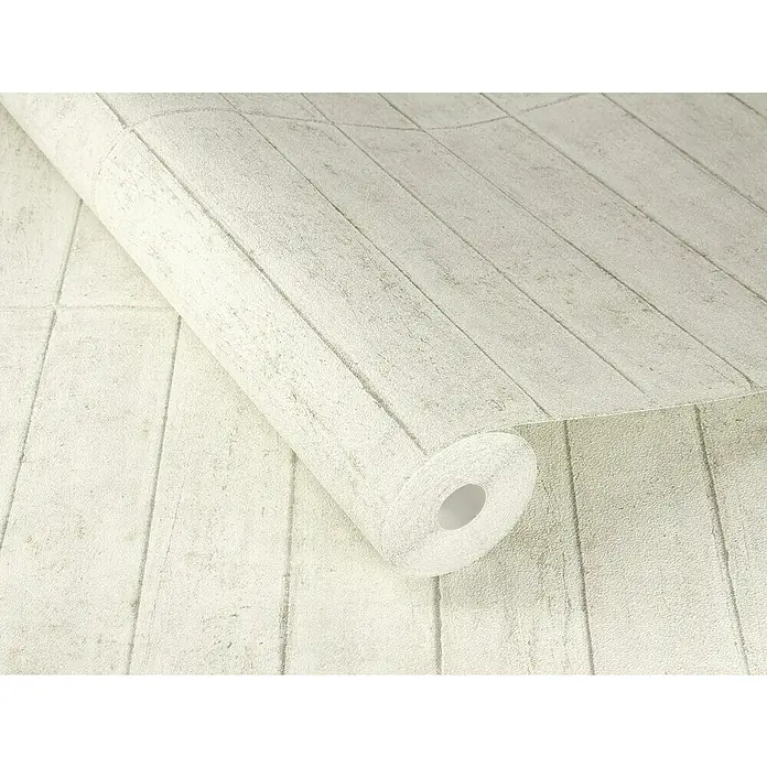 Rasch Factory V Vliestapete Beton - Kalkstein, Steinoptik, 10,05 x 0,53 m - Eine Rolle cremefarbener Holzplanken-Tapete mit realistischer Holzstruktur und Maserung für eine rustikale Wandgestaltung.