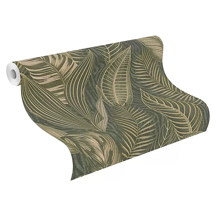 Rasch African Queen III Vliestapete Blätter - Dunkelgrün, Floral, 10,05 x 0,53 m - Tapetenrolle mit grün-beigem tropischen Blättermuster.