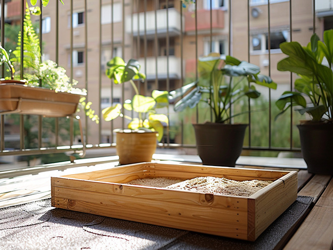 Schmaler Sandkasten aus Holz für den Balkon mit verschiedenen Spielbereichen