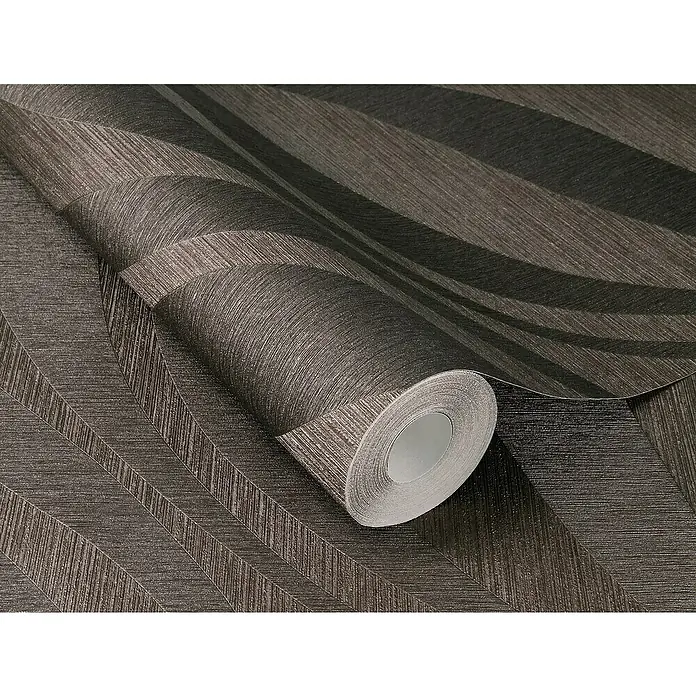 Rasch Sky Lounge Vliestapete Wellen - Graubraun dunkel, Wellen, 10,05 x 0,53 m - Eine Rolle dunkelbraune Tapete mit einem modernen grafischen Design.
