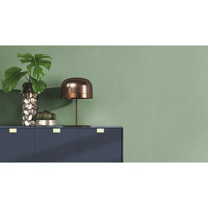 Rasch Color your life Vliestapete Uni-Struktur - Mittelgrün, Uni, 10,05 x 0,53 m - Nahaufnahme einer schicken Kommode mit einer Lampe, einer Monstera-Pflanze in einer Vase und einem Kaktus in einem silbernen Topf.