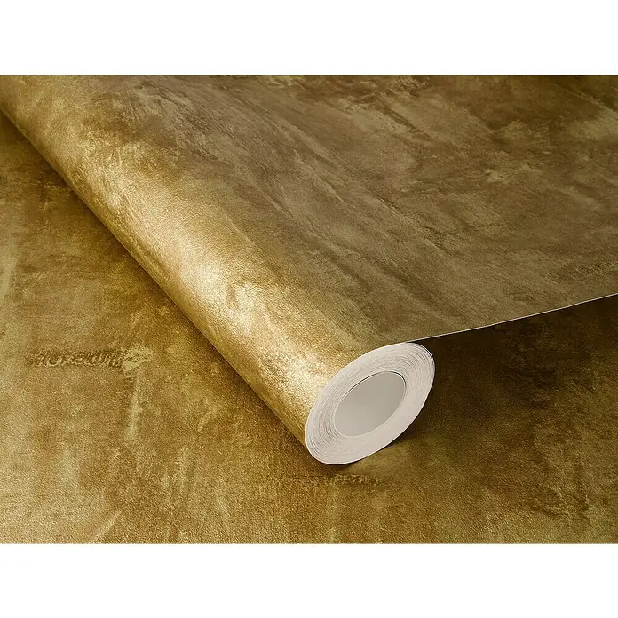 Rasch Factory V Vliestapete Uni-Struktur - Gold, Wellen, 10,05 x 0,53 m - Nahaufnahme einer Rolle goldener Tapete mit subtiler Textur, ideal für luxuriöse Wanddekoration und Raumgestaltung.