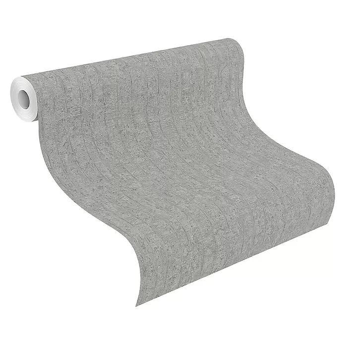 Rasch Factory V Vliestapete Betonoptik-Uni - Betongrau, Steinoptik, 10,05 x 0,53 m - Rolle grauer, strukturierter Tapete, teilweise abgerollt.